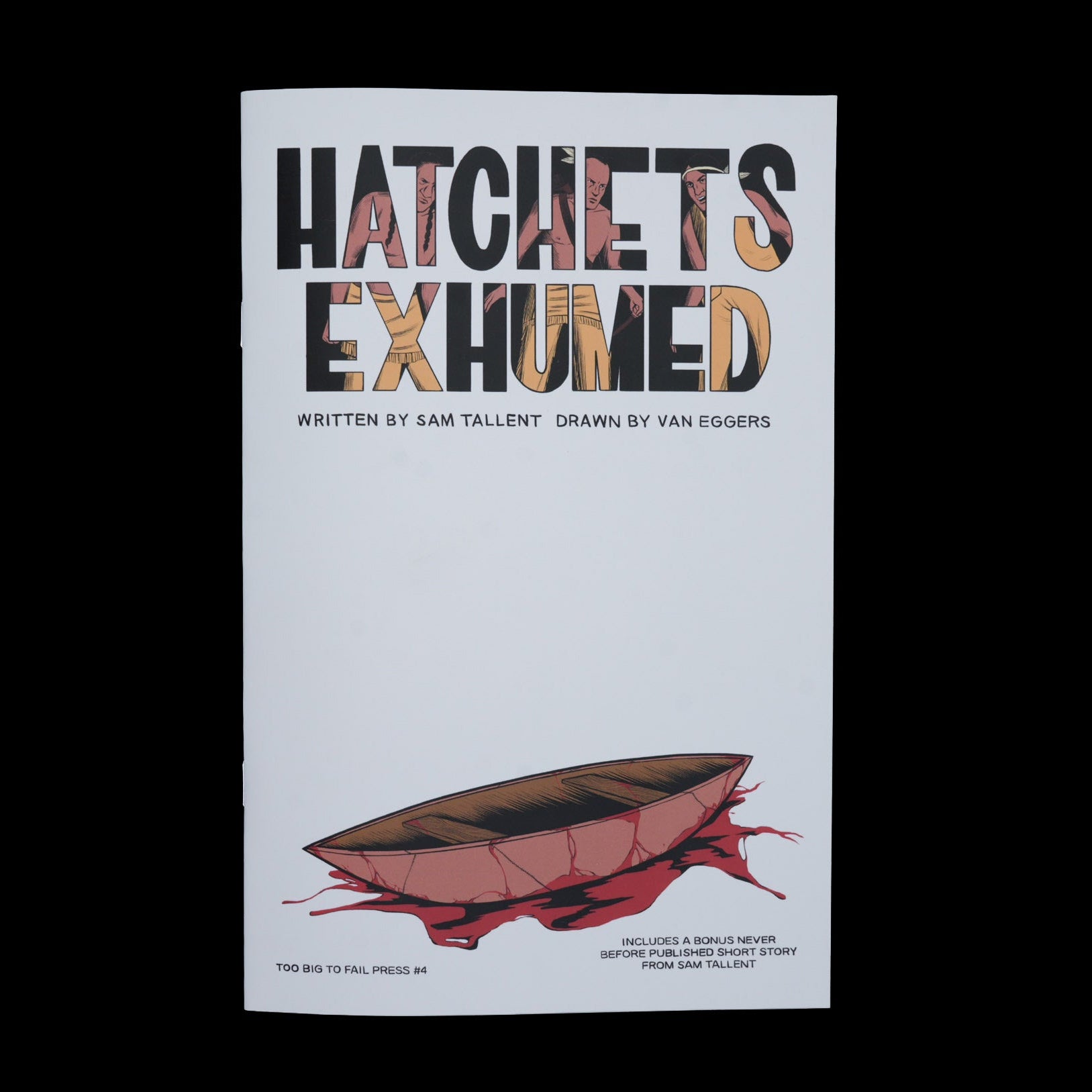 Book cover of 'Hatchets Exhumed' with a boat covered in blood illustration on a white background.